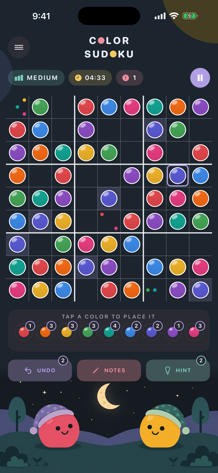 Color Sudoku running in dark appearance on Medium difficulty