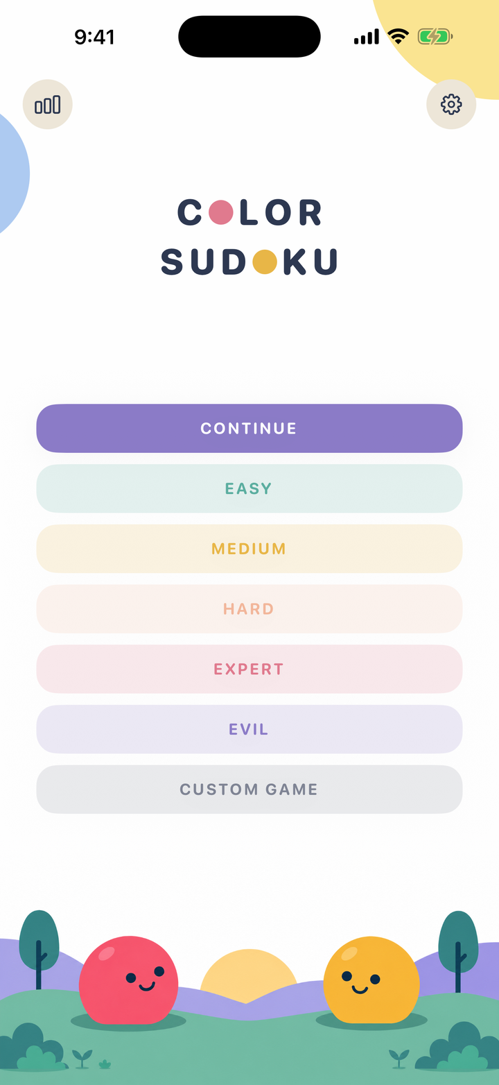 The Color Sudoku menu showing five difficulty levels and a custom game option