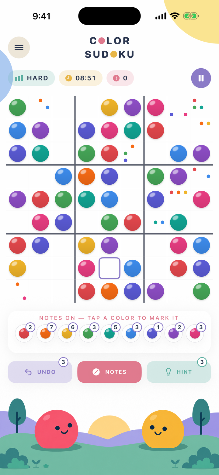 A Color Sudoku game with notes mode active for marking possible colors
