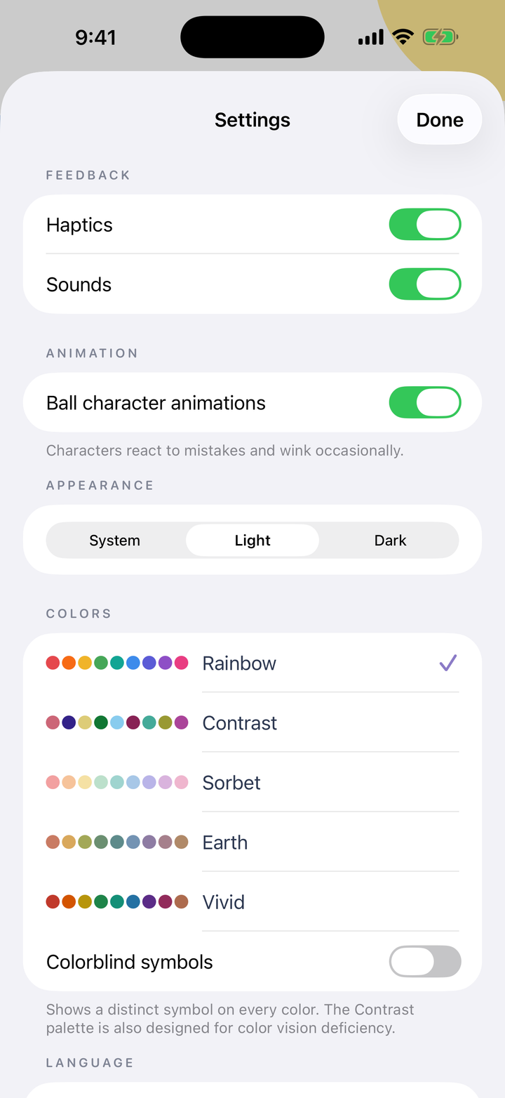 Color Sudoku settings showing light and dark appearance, five palettes, and colorblind symbols