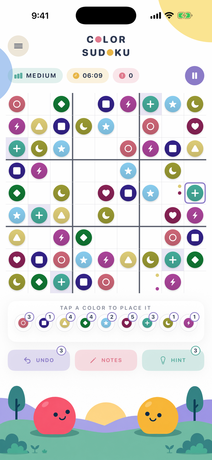 A live Color Sudoku board where each colored piece also has a distinct symbol