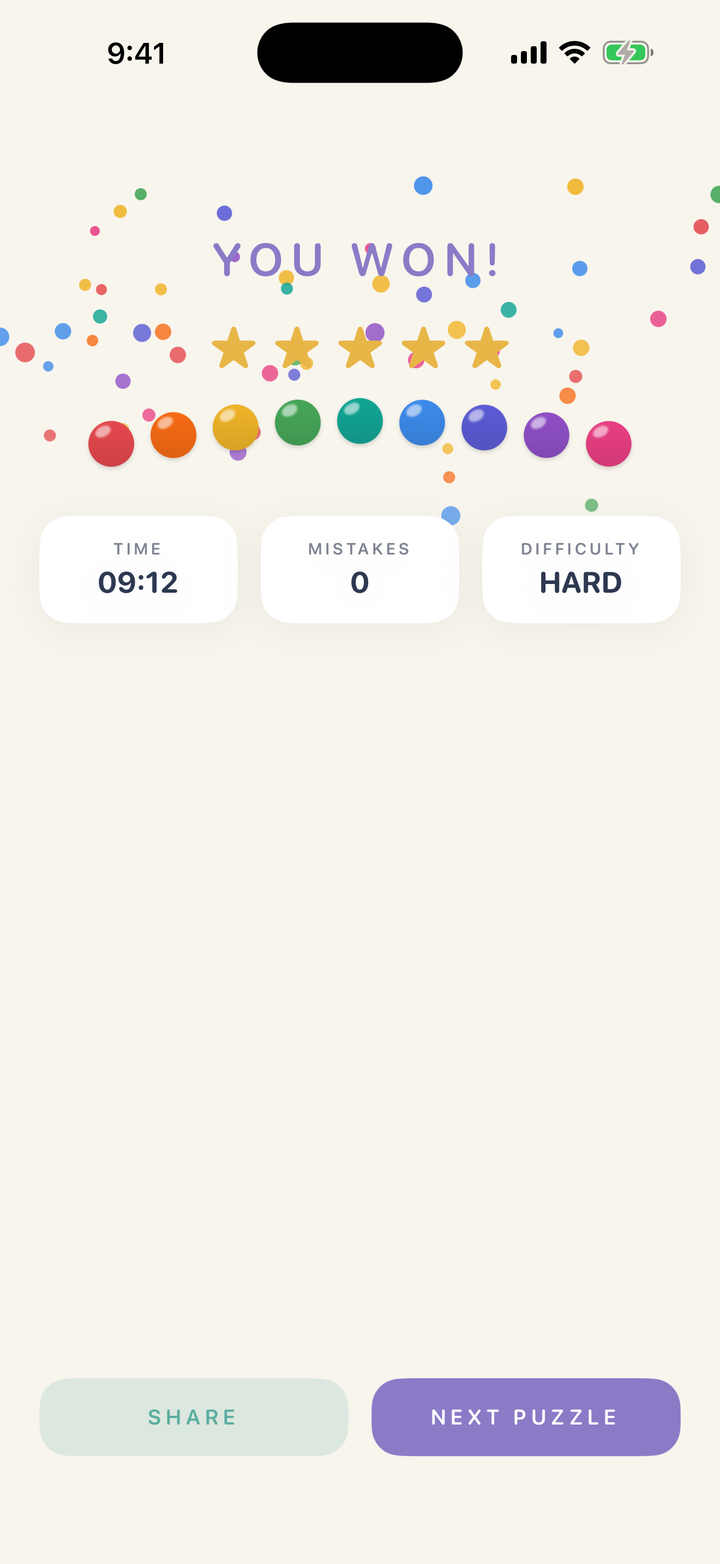 The Color Sudoku victory screen with five stars and colorful characters